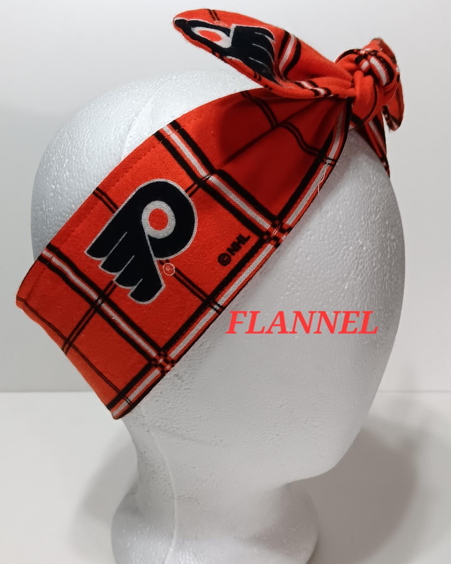FLANNEL 3” wide Philadelphia Flyers headband, self tie, hair wrap, hair tie, pin up style, scarf, bandana, retro, rockabilly, handmade
