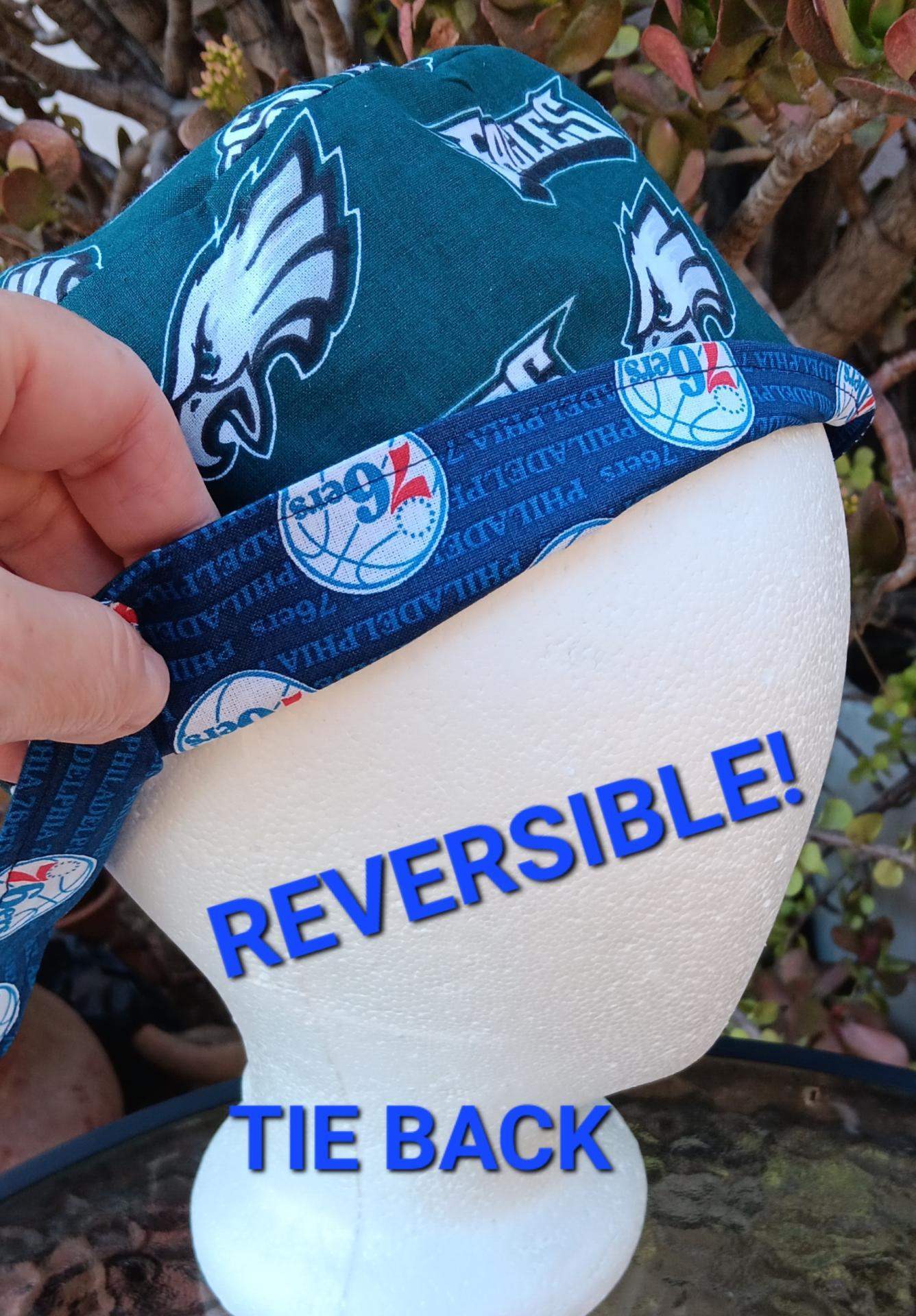 Tie Back, Reversible Philadelphia 76ers / Eagles scrub cap, skull cap for nurse, technician, welder, food service, biker, handmade