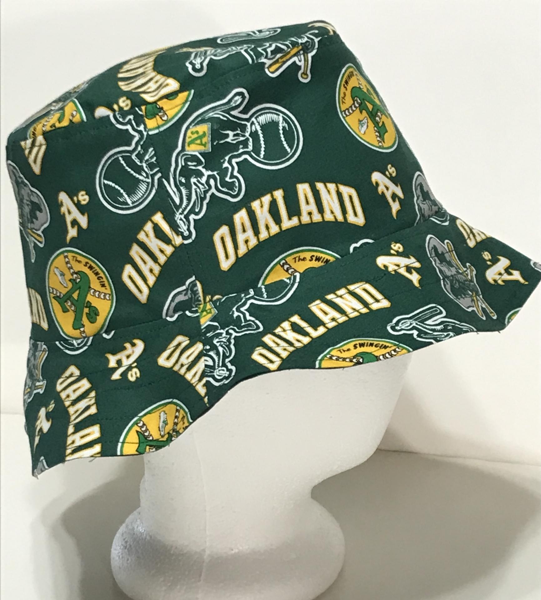 rsible Oakland A's Swingin' A's bucket hat, side view, handmade