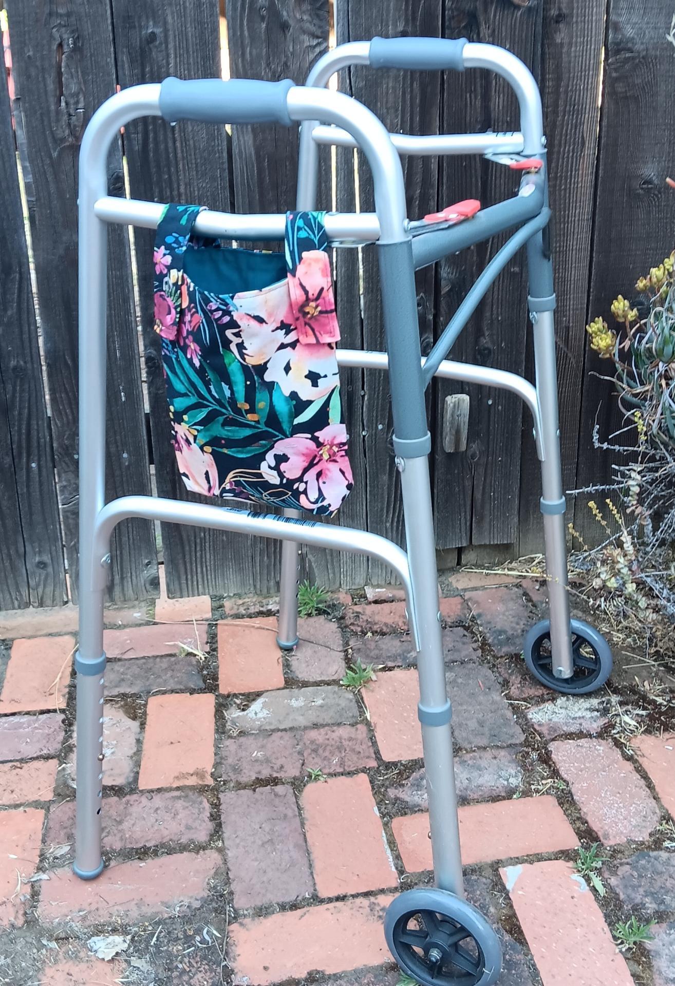 Simple basic crutch bag, walker bag, scooter handlebars bag, bed rail caddy, hook & loop, hanging bag, blue purple green flowers, retro