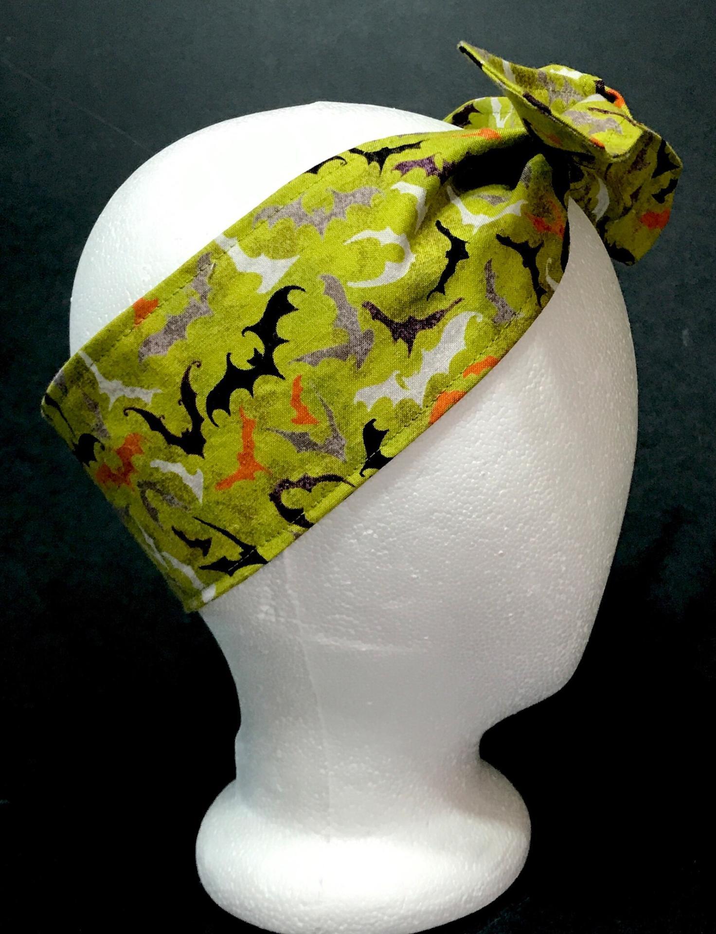 3” Wide Flying Bats headband for Halloween, green, self tie, hair wrap, pin up style, hair tie, hat scarf
