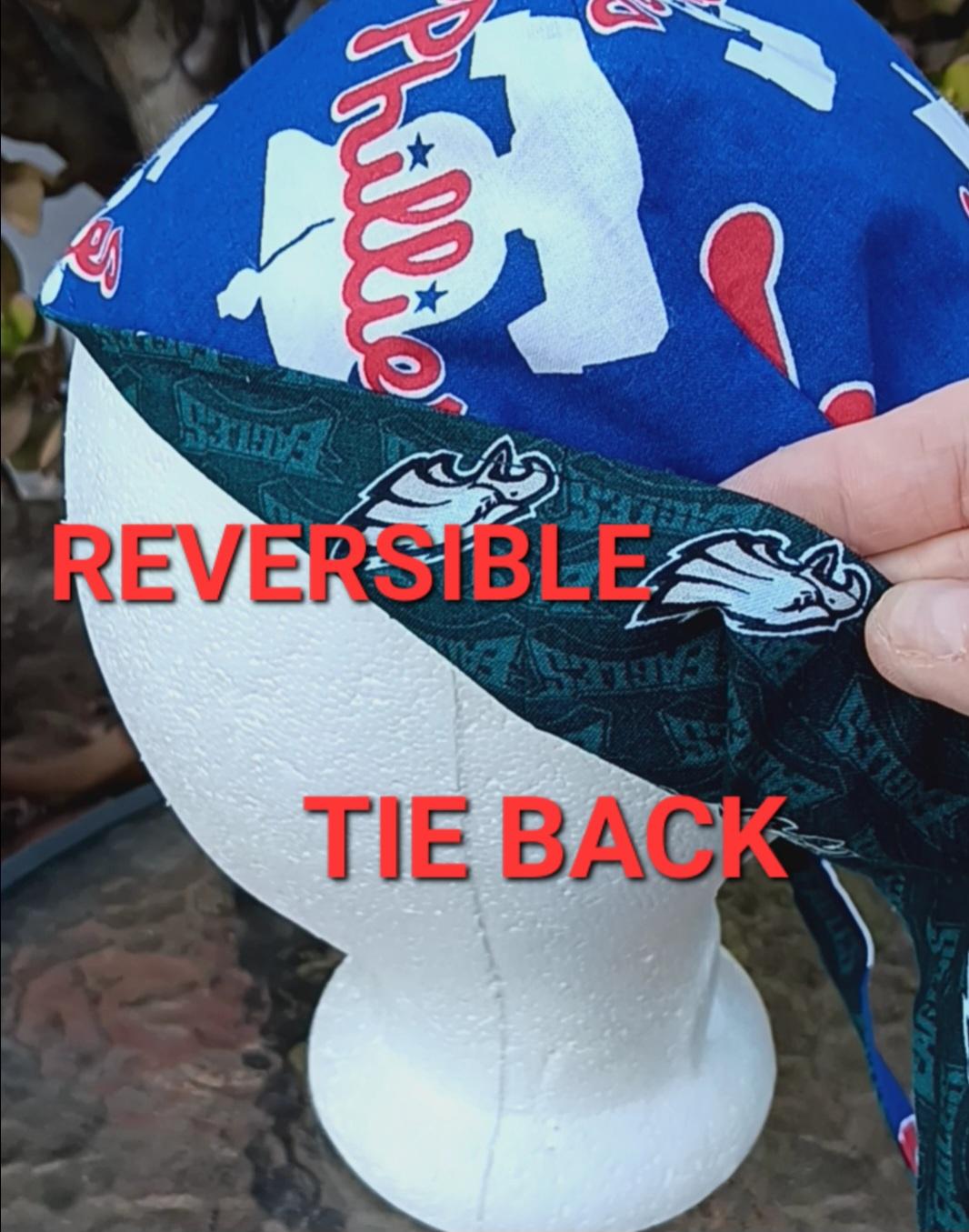 Tie Back, Reversible Philadelphia Phillies / Eagles scrub cap, skull cap for nurse, technician, welder, food service, biker, handmade