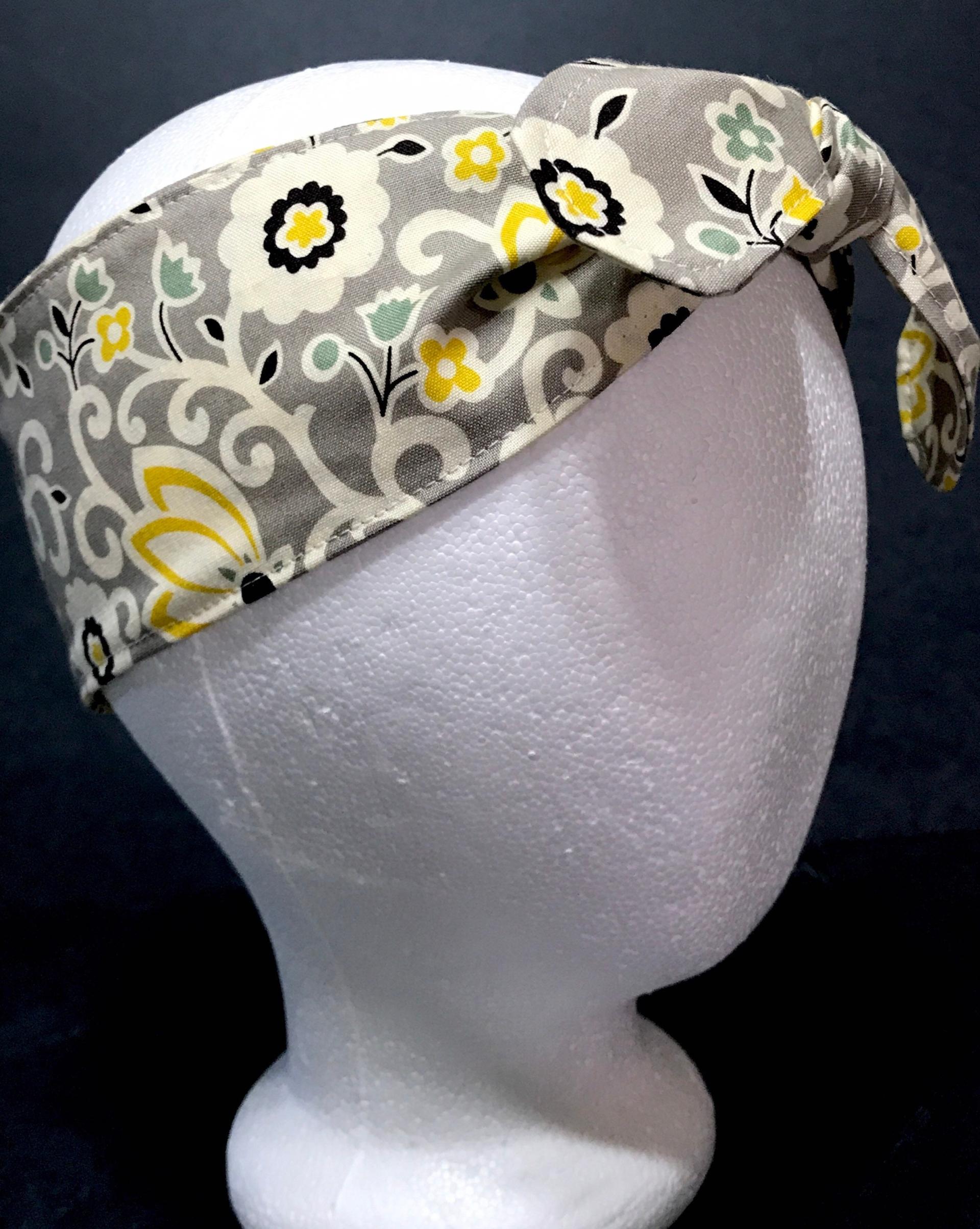 3” Wide Gray and Yellow Floral headband, self tie, hair wrap, pin up style, hair tie, retro style, grey scarf, bandana