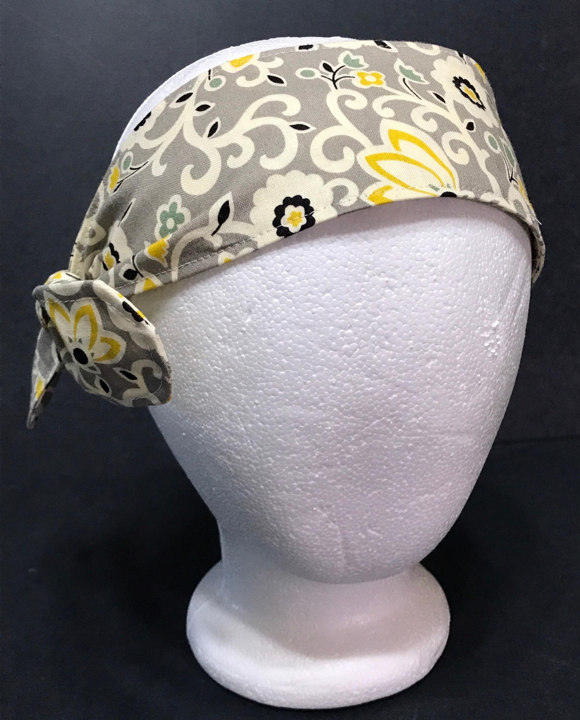 3” Wide Gray and Yellow Floral headband, self tie, hair wrap, pin up style, hair tie, retro style, grey scarf, bandana
