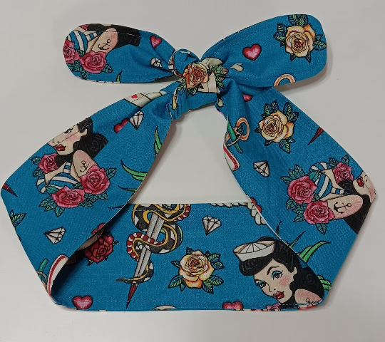 3” Wide Sailor Tattoo Theme headband, self tie, hair wrap, hair tie, head wrap, scarf, skulls, pin up, retro, rockabilly style