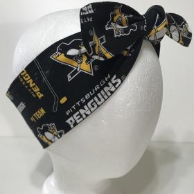 3” wide Pittsburgh Penguins headband, self tie, pin up style, hair tie, scarf, bandana, retro style, rockabilly, handmade