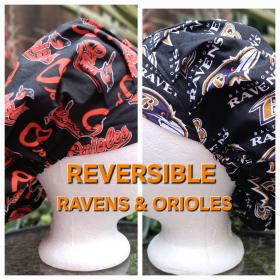 Bouffant Reversible Baltimore Orioles / Ravens scrub cap, adjustable, nurse, technician, doctor, food service, handmade