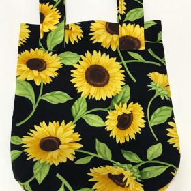 Simple basic crutch bag, walker bag, scooter handlebars bag, caddy, hook & loop, hanging bag, yellow sunflowers on black background