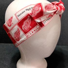3” Wide Detroit Red Wings headband, self tie, hair wrap, pin up style, hair tie, bandana, scarf, retro style, rockabilly, hockey, handmade