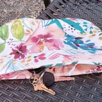 Pleated floral watercolor wristlet pleated clutch purse, recessed zipper top, removable swivel wrist strap, cosmetic bag, make up pouch, bridesmaid gift