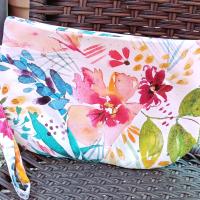 Pleated floral watercolor wristlet pleated clutch purse, recessed zipper top, removable swivel wrist strap, cosmetic bag, make up pouch, bridesmaid gift