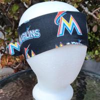 3” wide Miami Marlins self tie fabric headband, handmade, multicolor rainbow M logo, hair tie, hair wrap, pin up style, scarf
