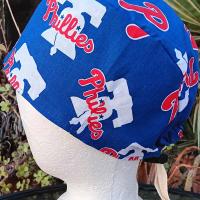 View of the Phillies side of the Philadelphia Phillies and Eagles reversible scrub cap. Handmade from licensed fabrics.