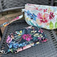 Pleated floral watercolor wristlet pleated clutch purse, recessed zipper top, removable swivel wrist strap, cosmetic bag, make up pouch, bridesmaid gift