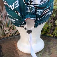 Back view of the Philadelphia Phillies and Eagles reversible scrub cap, showing the adjustable toggle closure. Handmade from licensed fabrics.