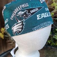 View of the Eagles side of the Philadelphia Phillies and Eagles reversible scrub cap. Handmade from licensed fabrics.