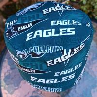 Top view of the Eagles side of the Philadelphia Phillies and Eagles reversible scrub cap. Handmade from licensed fabrics.