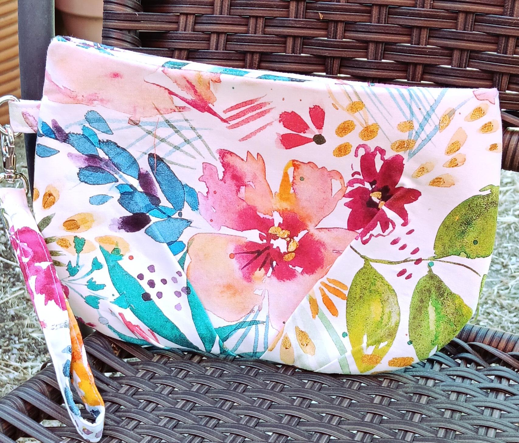 Pleated floral watercolor wristlet pleated clutch purse, recessed zipper top, removable swivel wrist strap, cosmetic bag, make up pouch, bridesmaid gift