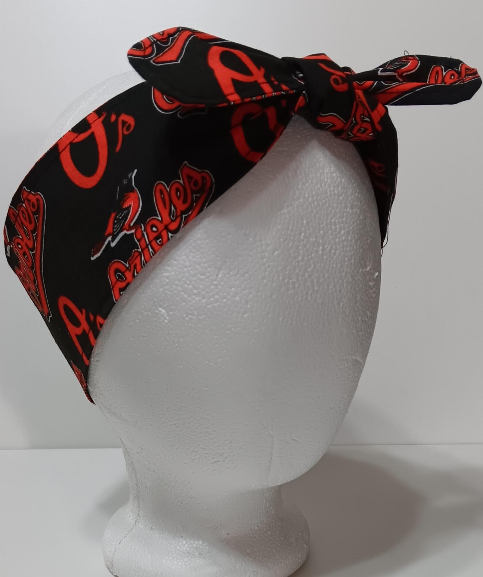 3” wide Baltimore Orioles headband, handmade, self tie, hair tie, hair wrap, pin up style, scarf