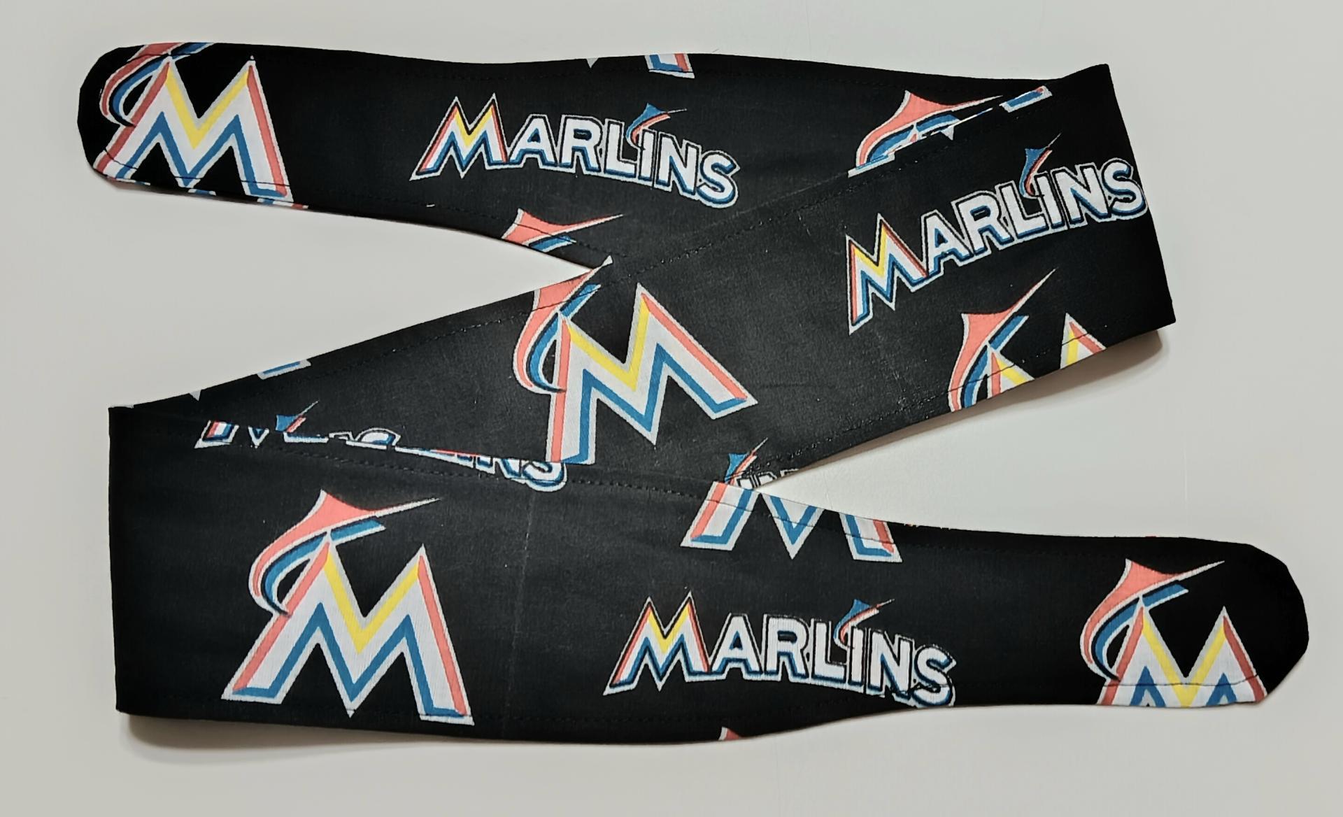 3” wide Miami Marlins self tie fabric headband, handmade, multicolor rainbow M logo, hair tie, hair wrap, pin up style, scarf