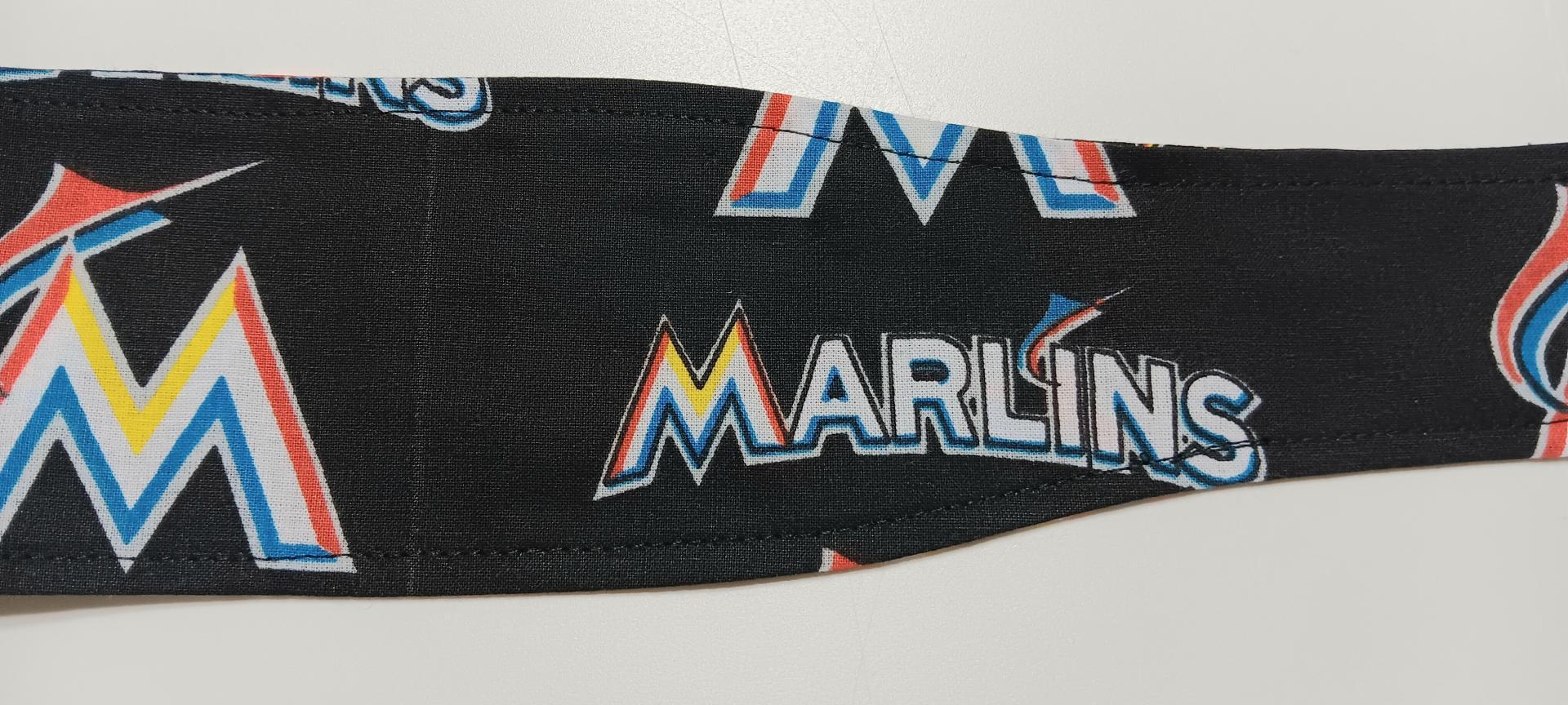 3” wide Miami Marlins self tie fabric headband, handmade, multicolor rainbow M logo, hair tie, hair wrap, pin up style, scarf