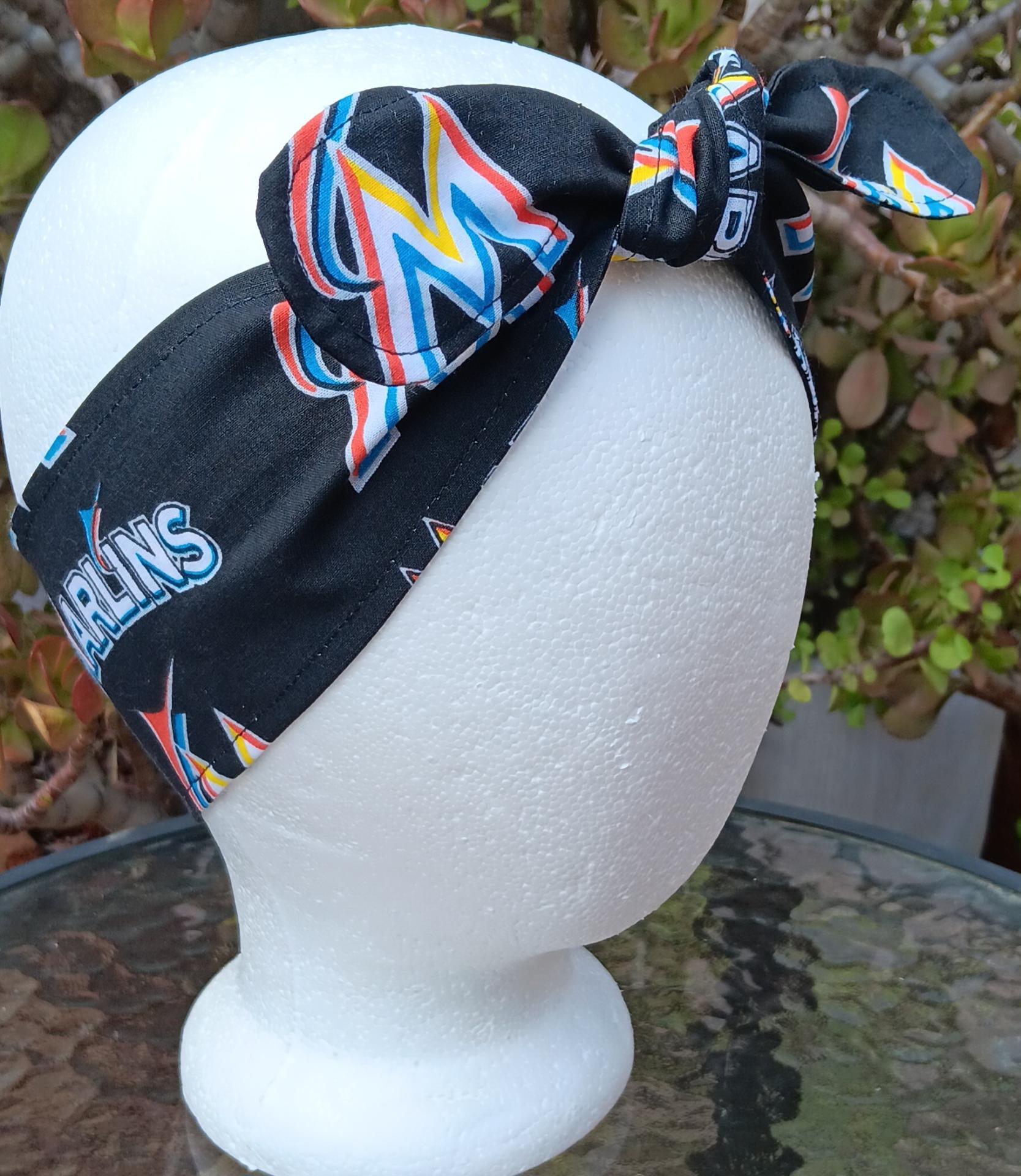 3” wide Miami Marlins self tie fabric headband, handmade, multicolor rainbow M logo, hair tie, hair wrap, pin up style, scarf