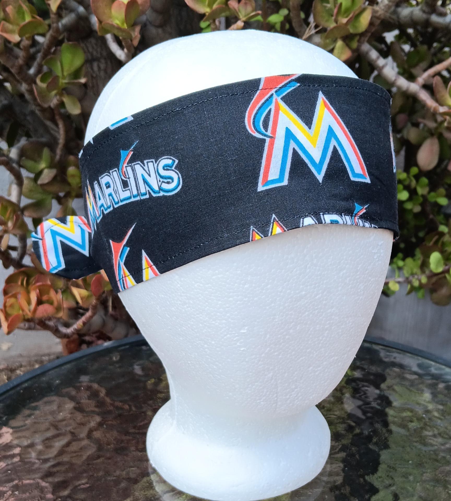 3” wide Miami Marlins self tie fabric headband, handmade, multicolor rainbow M logo, hair tie, hair wrap, pin up style, scarf