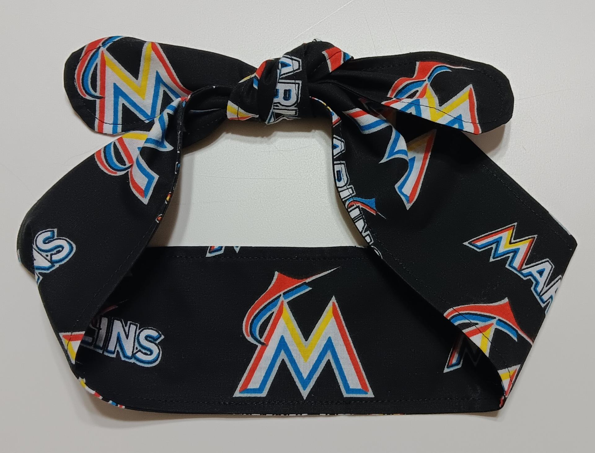 3” wide Miami Marlins self tie fabric headband, handmade, multicolor rainbow M logo, hair tie, hair wrap, pin up style, scarf