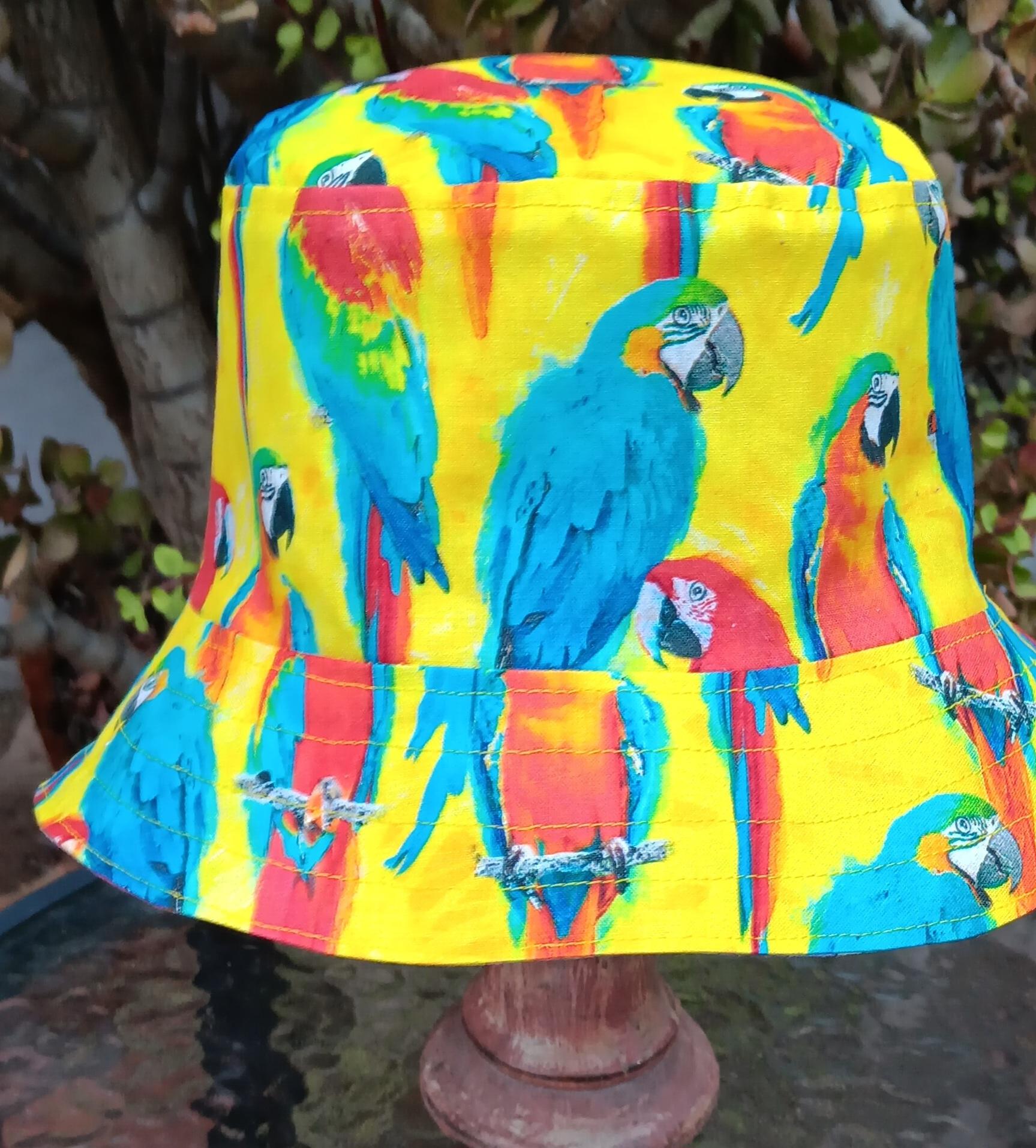 Parrots Macaws Bucket Hat, Unisex Sizes up to 4XL, Sun Hat, Floppy Hat, Tropical Hat, Summer Hat, Ponytail Hat, Bright Yellow