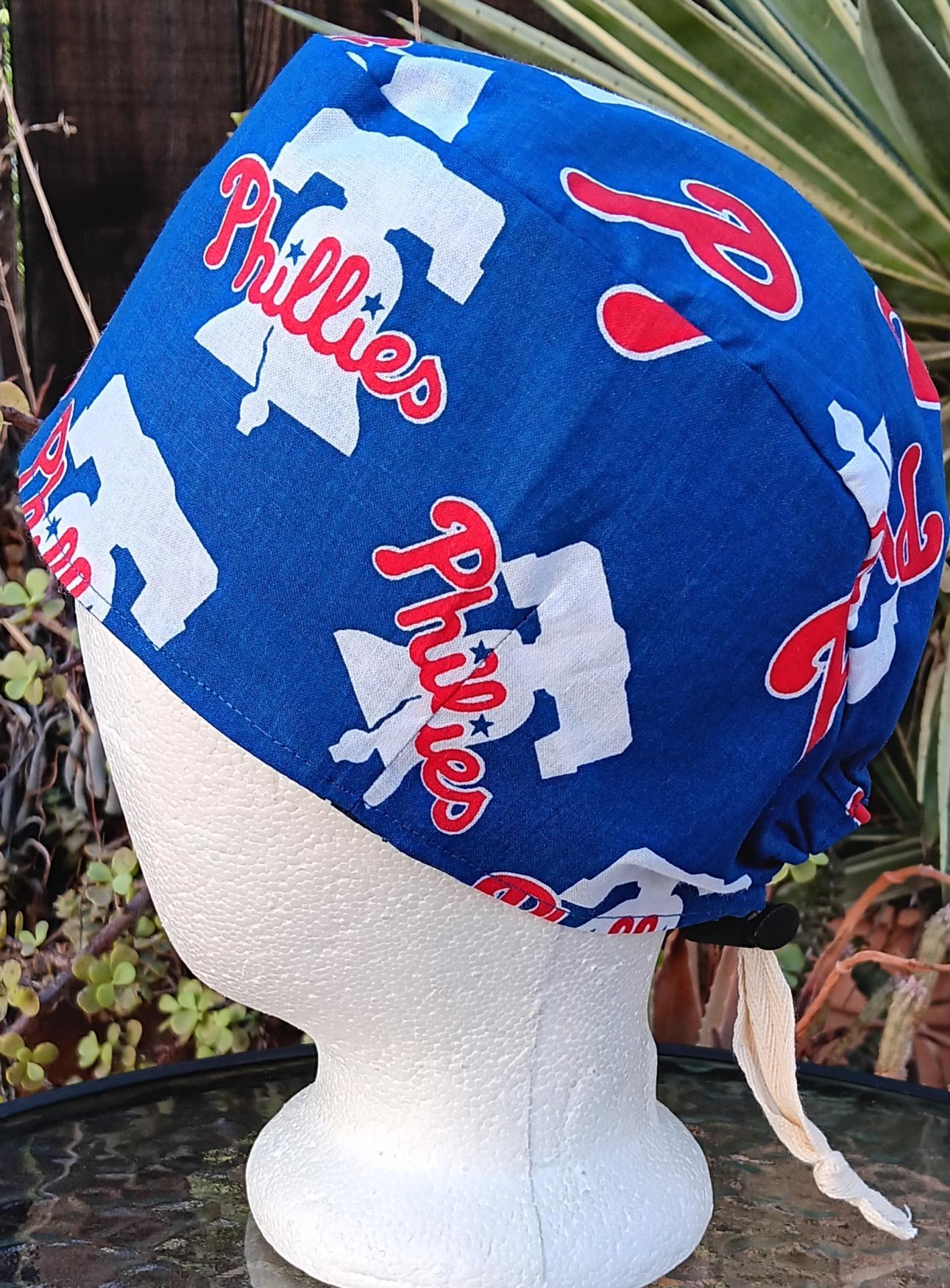 View of the Phillies side of the Philadelphia Phillies and Eagles reversible scrub cap. Handmade from licensed fabrics.