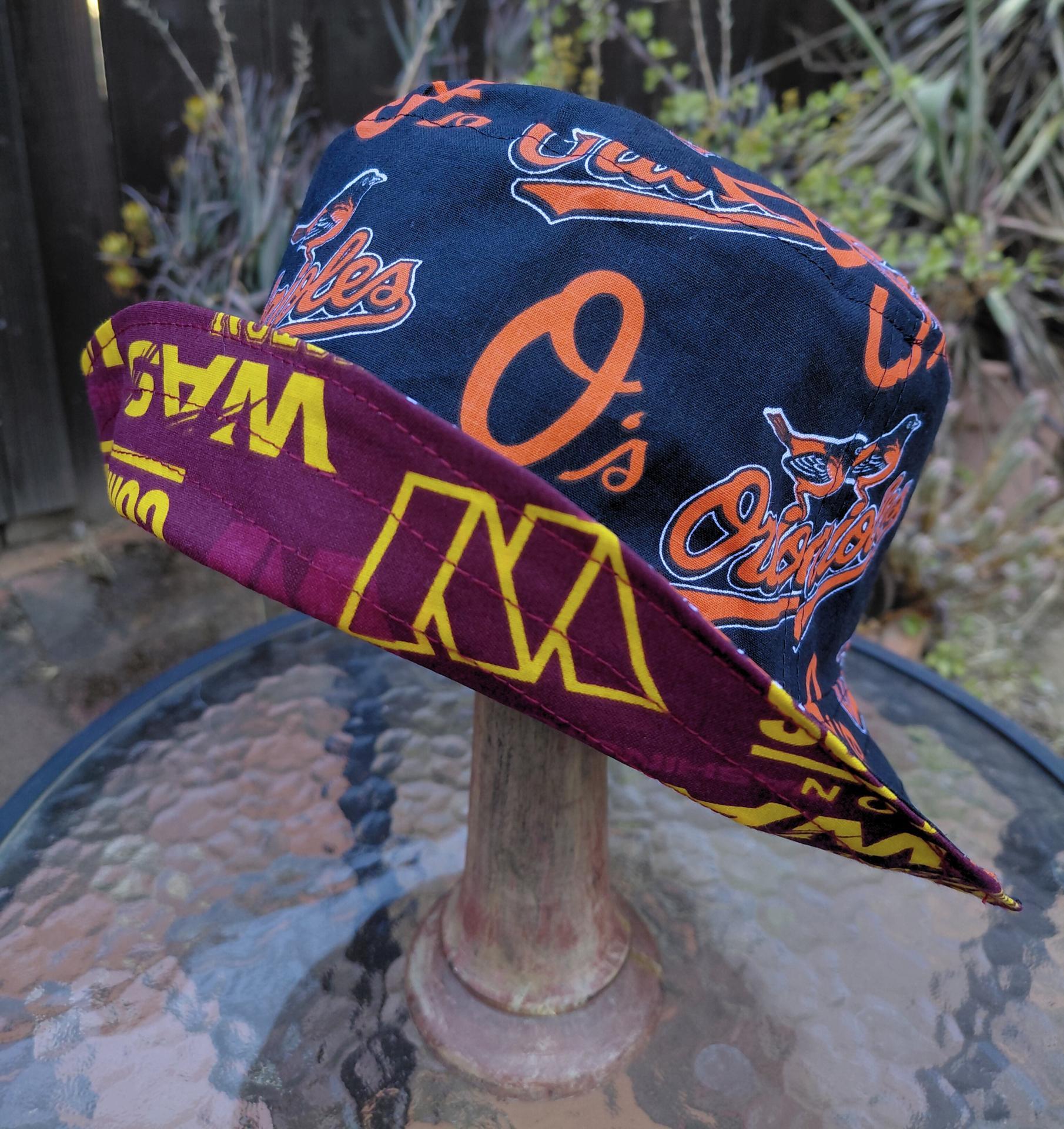 Washington Commanders / Baltimore Orioles Bucket Hat, Handmade, Reversible, Sizes up to 4XL, fishing hat, sun hat, floppy hat, ponytail hat, football, baseball