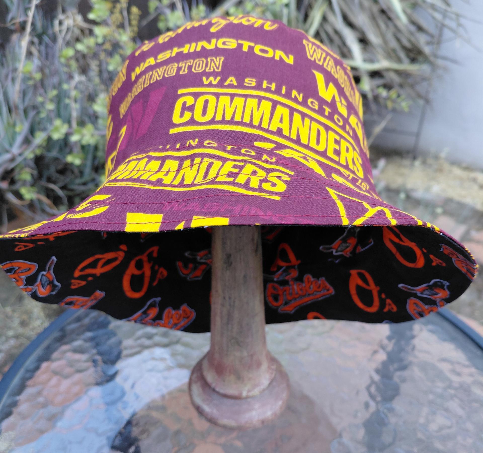 Washington Commanders / Baltimore Orioles Bucket Hat, Handmade, Reversible, Sizes up to 4XL, fishing hat, sun hat, floppy hat, ponytail hat, football, baseball