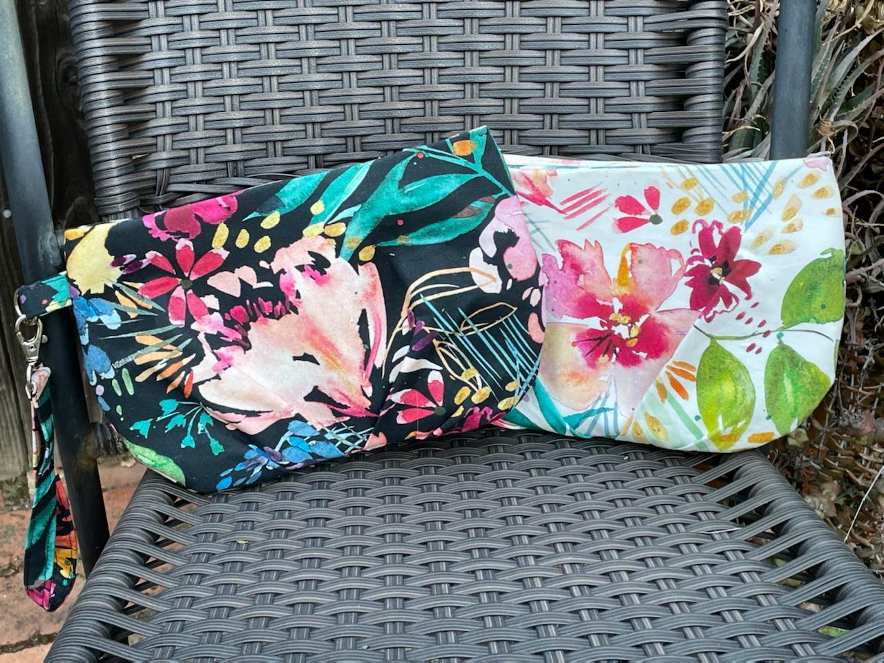 Pleated floral watercolor wristlet pleated clutch purse, recessed zipper top, removable swivel wrist strap, cosmetic bag, make up pouch, bridesmaid gift