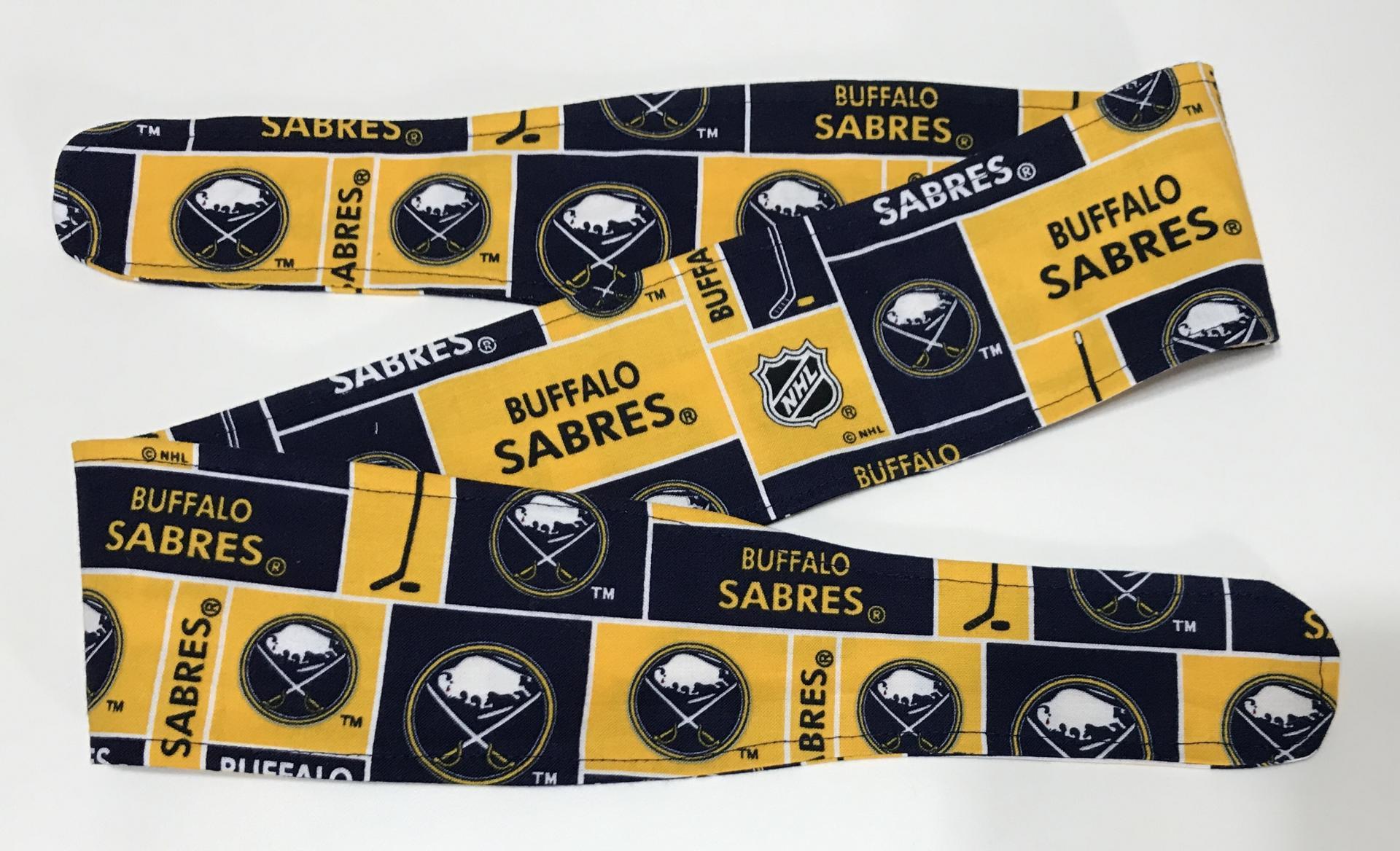 Buffalo Sabres headband, handmade, 3" wide, self tie, hair wrap, pin up style, scarf, hockey