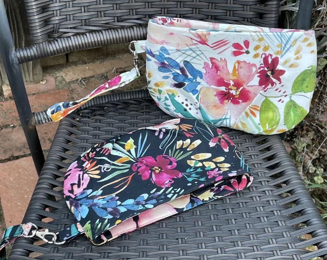 Pleated floral watercolor wristlet pleated clutch purse, recessed zipper top, removable swivel wrist strap, cosmetic bag, make up pouch, bridesmaid gift