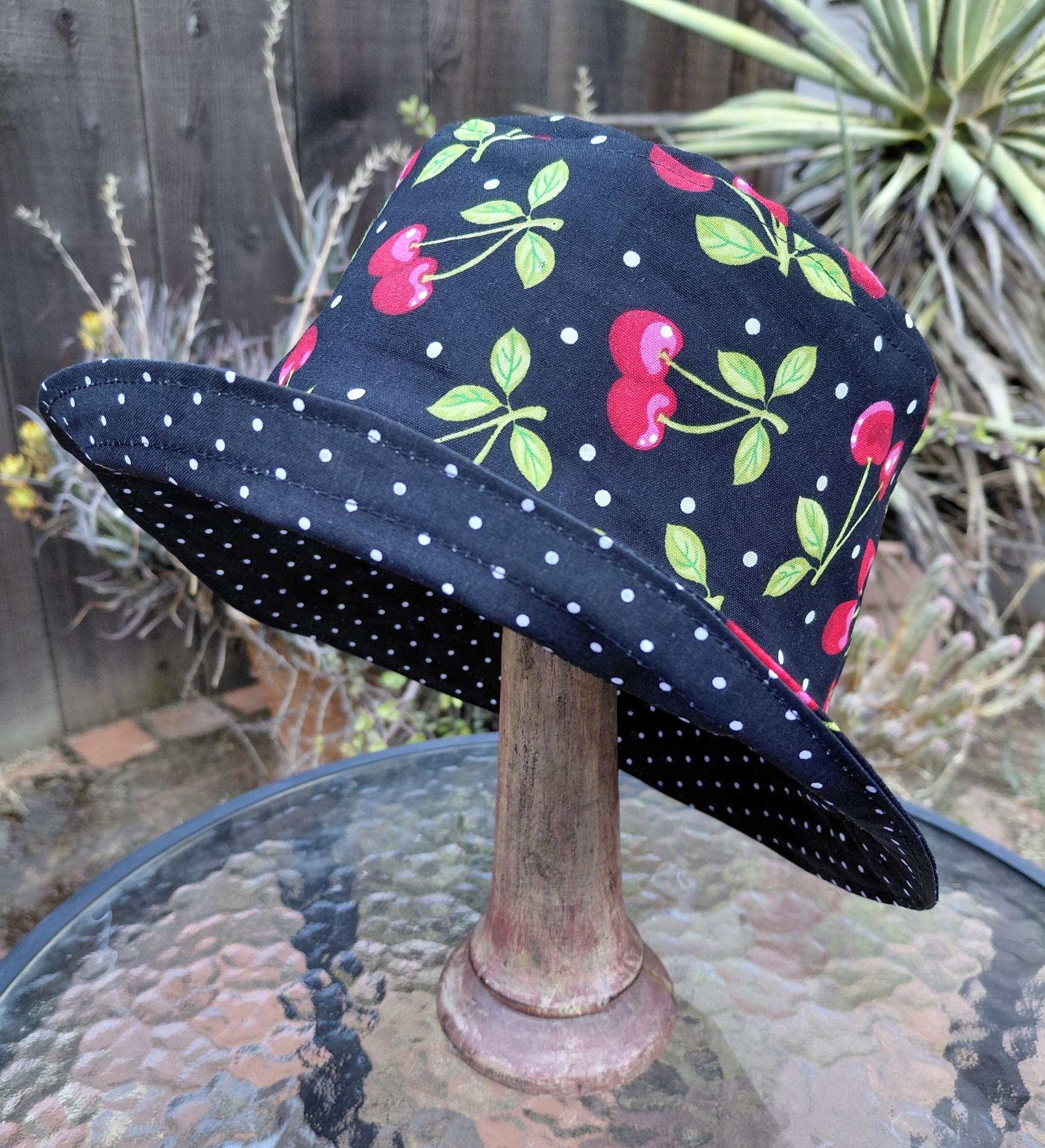 Cherries Bucket Hat, Black & White Polka Dots, Sizes up to 4XL, floppy hat, fishing hat, sun hat, beach hat, summer hat, adults & children