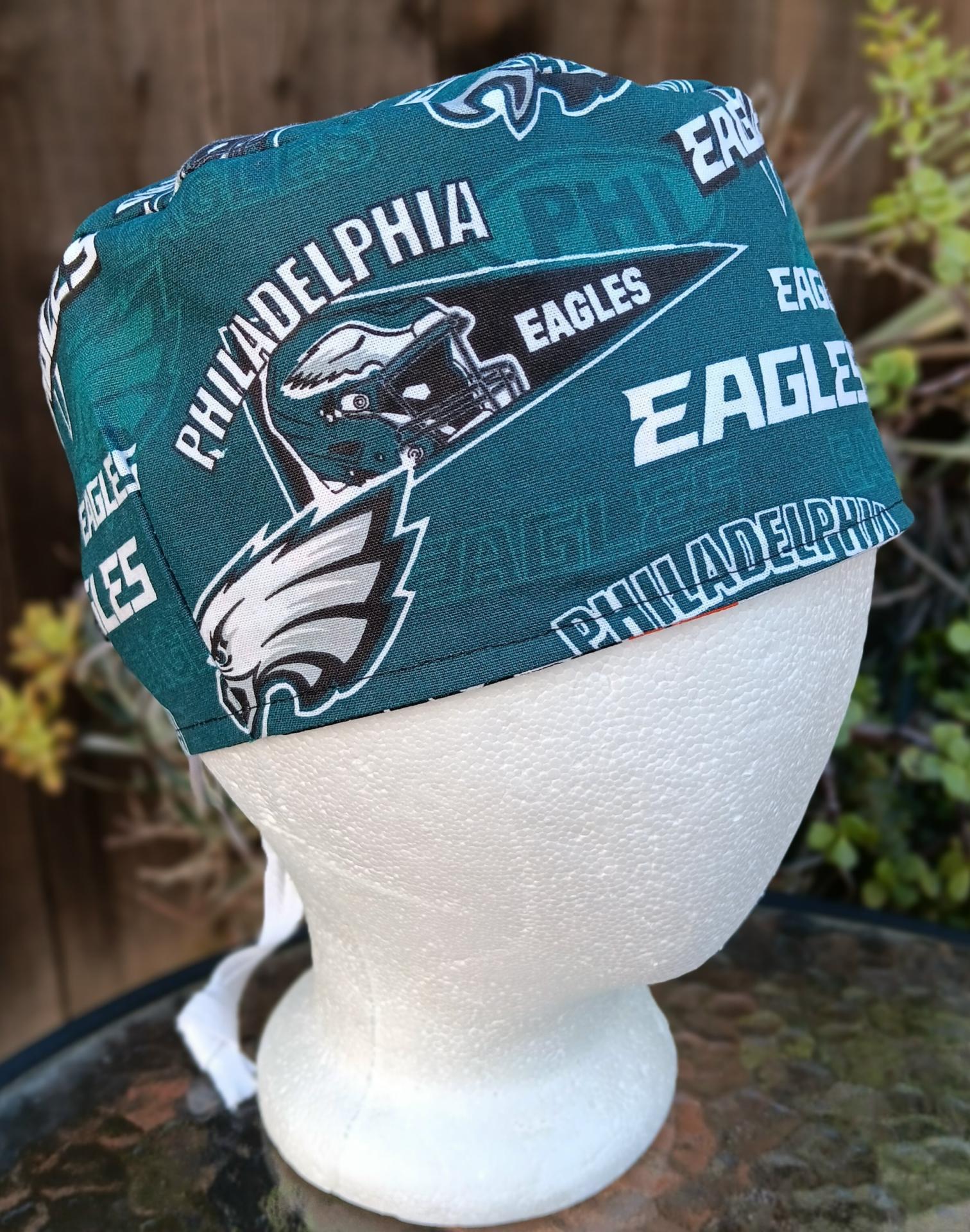 View of the Eagles side of the Philadelphia Phillies and Eagles reversible scrub cap. Handmade from licensed fabrics.