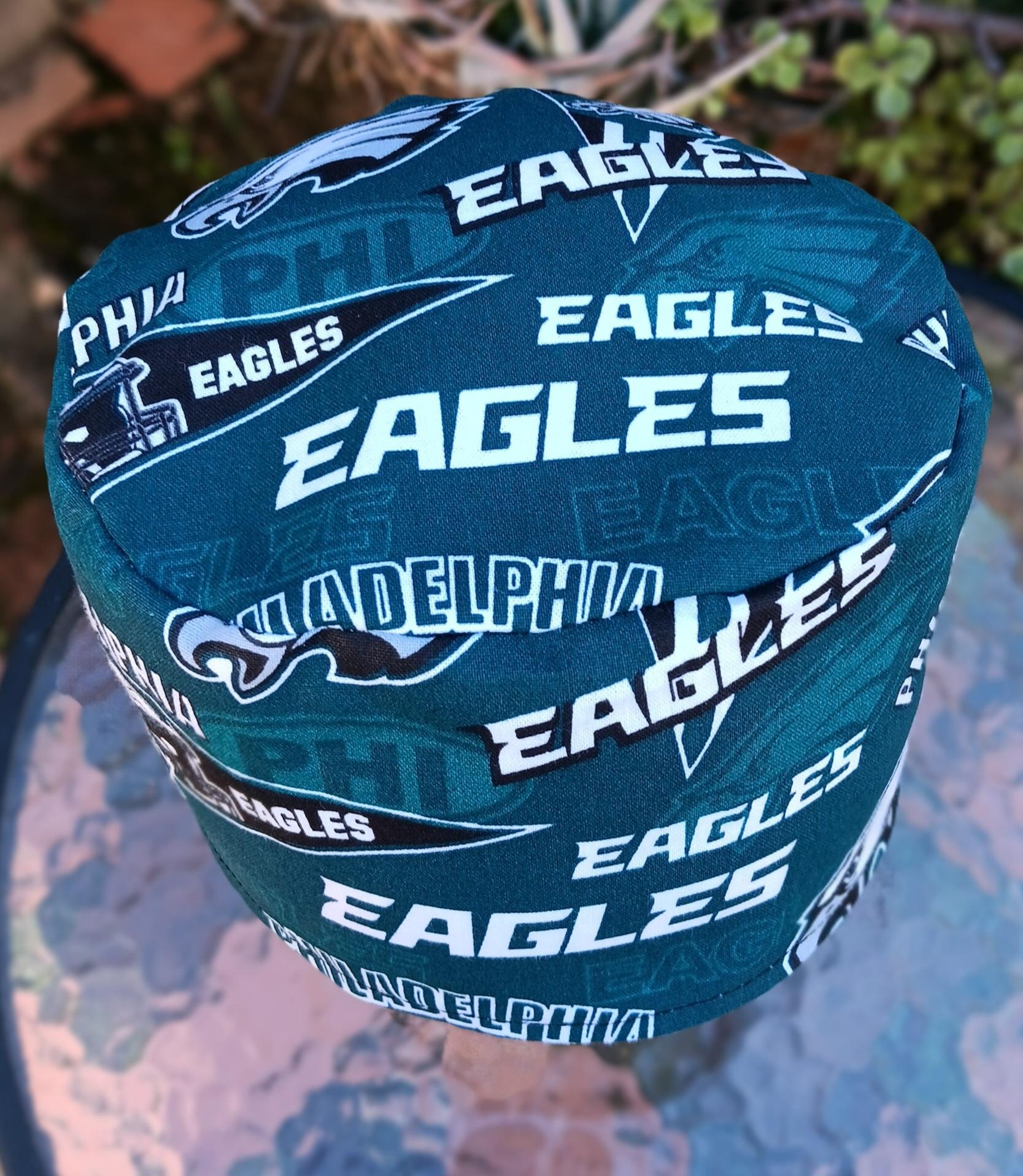 Top view of the Eagles side of the Philadelphia Phillies and Eagles reversible scrub cap. Handmade from licensed fabrics.