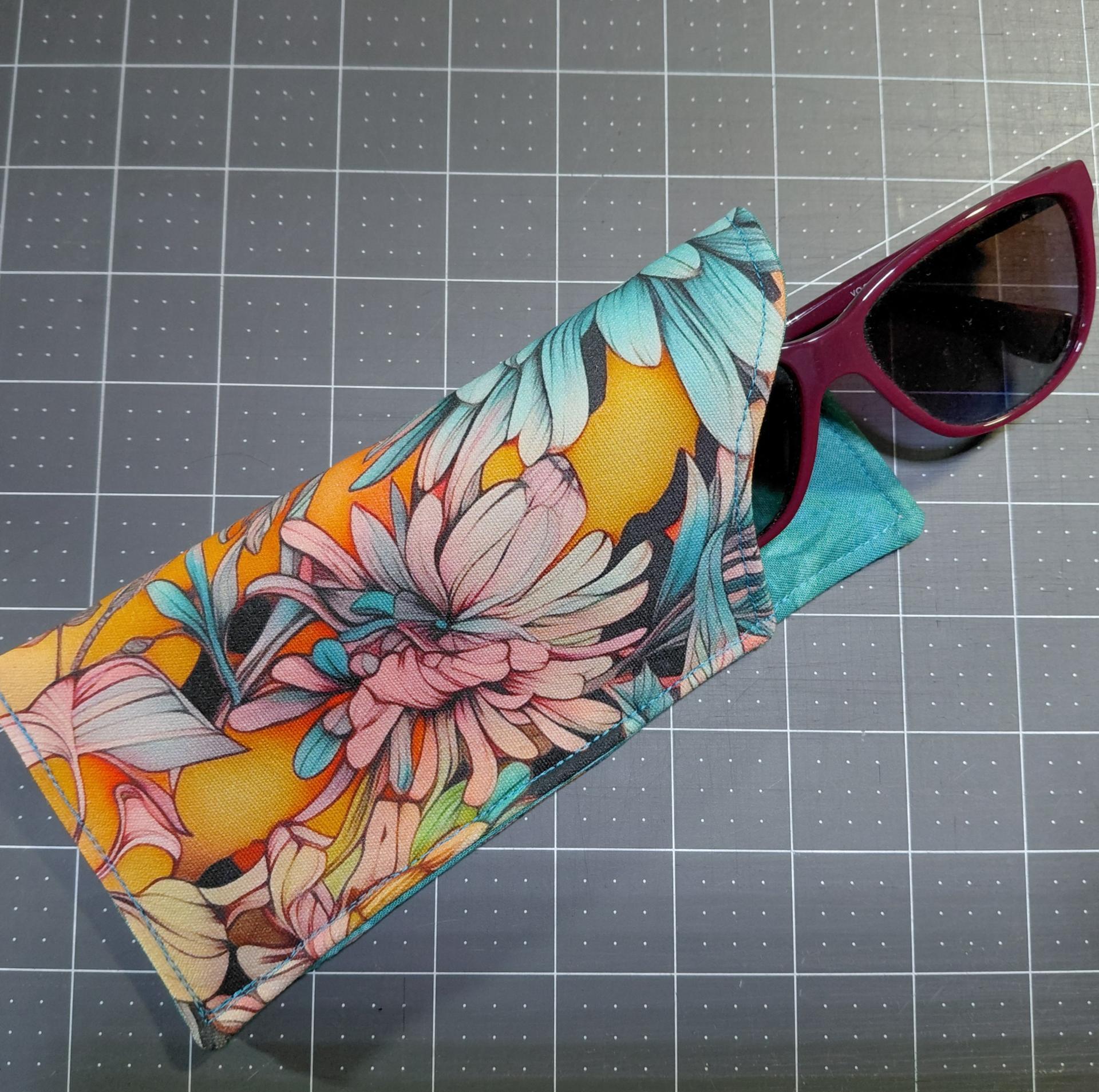 Floral Eyeglasses Sleeve, Floral Glasses Case, Soft Glasses Case, Canvas Glasses Pouch, Turquoise, Orange and Gray