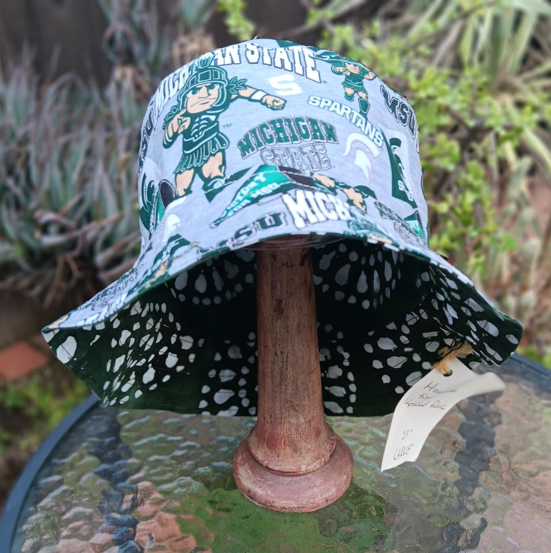 MSU Bucket Hat, Handmade, Reversible to Green & White Batik, Size LARGE, summer hat, fishing hat, floppy hat, Michigan