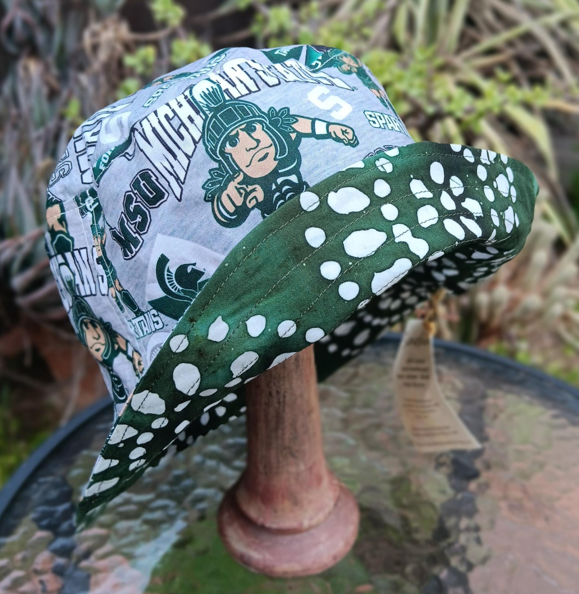 MSU Bucket Hat, Handmade, Reversible to Green & White Batik, Size LARGE, summer hat, fishing hat, floppy hat, Michigan