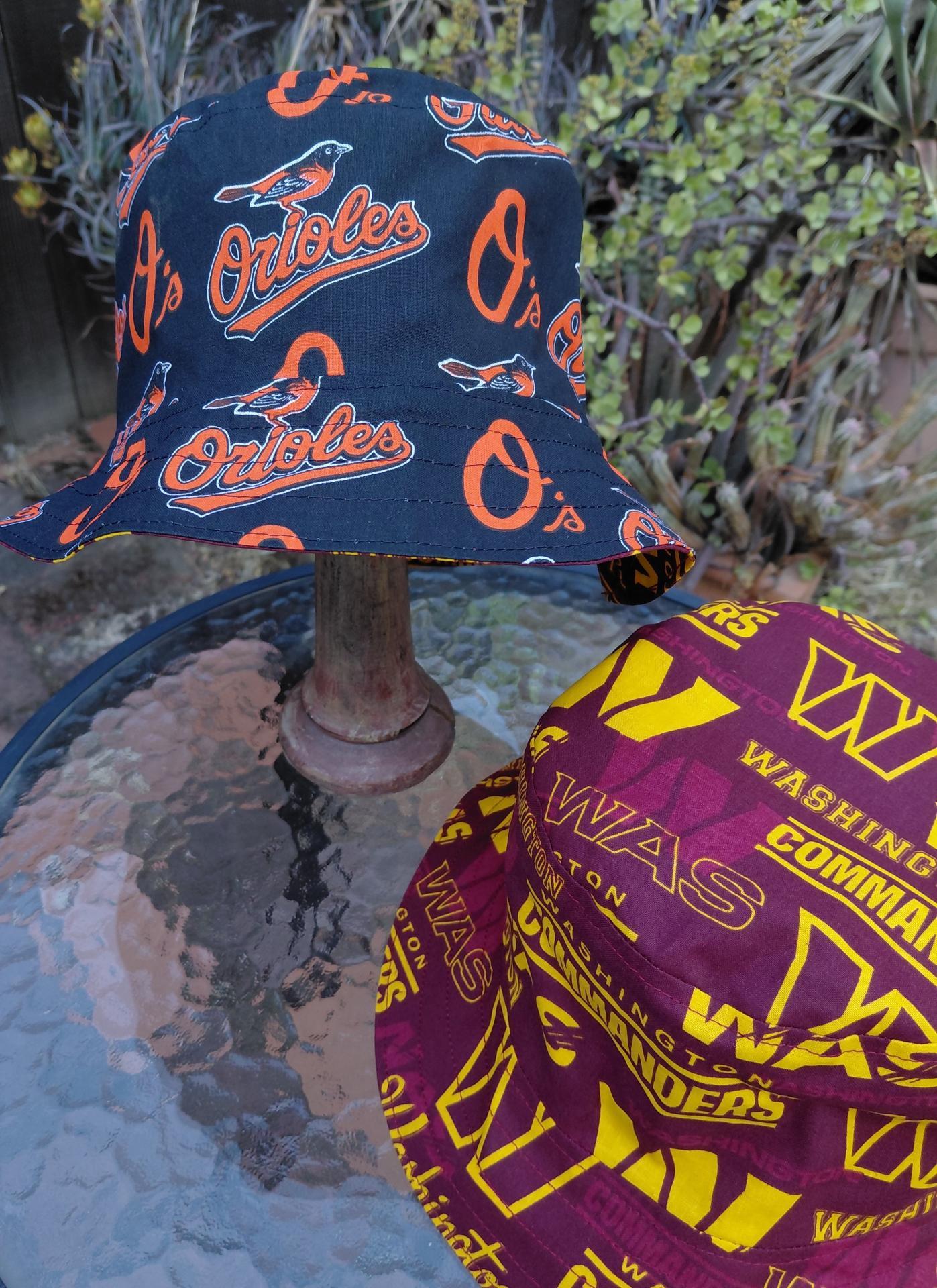 Washington Commanders / Baltimore Orioles Bucket Hat, Handmade, Reversible, Sizes up to 4XL, fishing hat, sun hat, floppy hat, ponytail hat, football, baseball