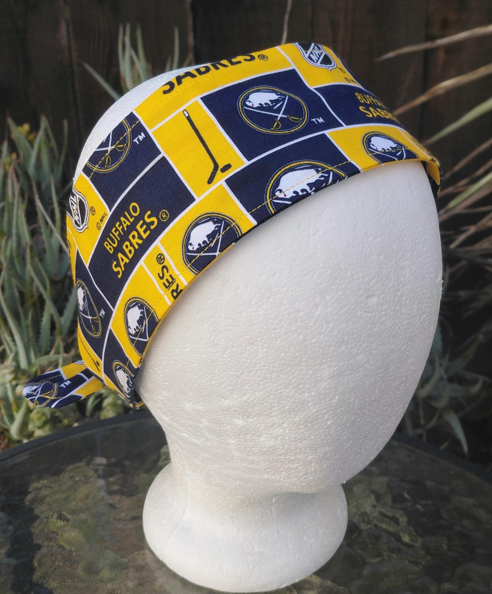 Buffalo Sabres headband, handmade, 3" wide, self tie, hair wrap, pin up style, scarf, hockey