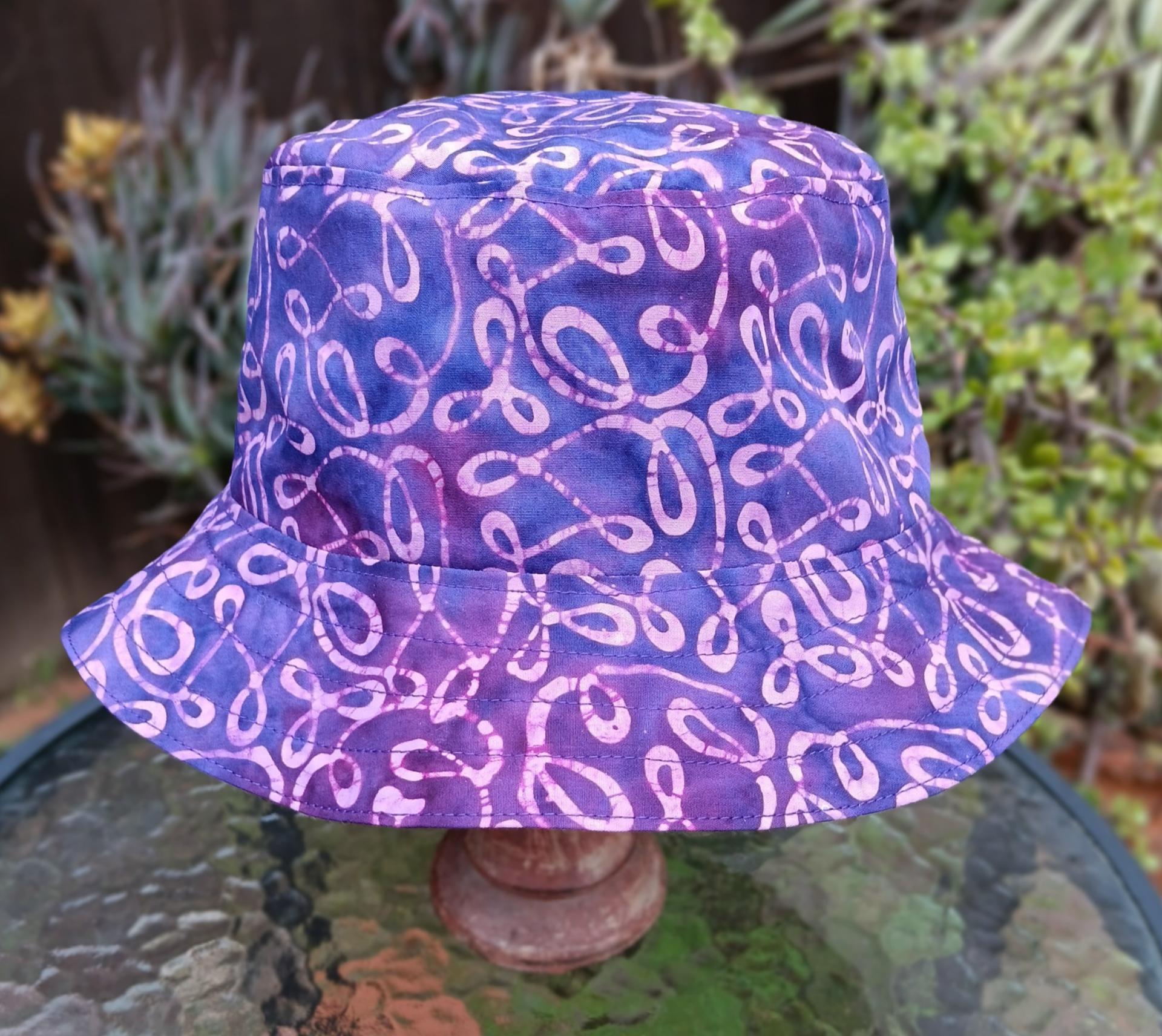 Purple Batik Bucket Hat, Reversible, Medium and Large, summer hat, fishing hat, sun hat, floppy hat