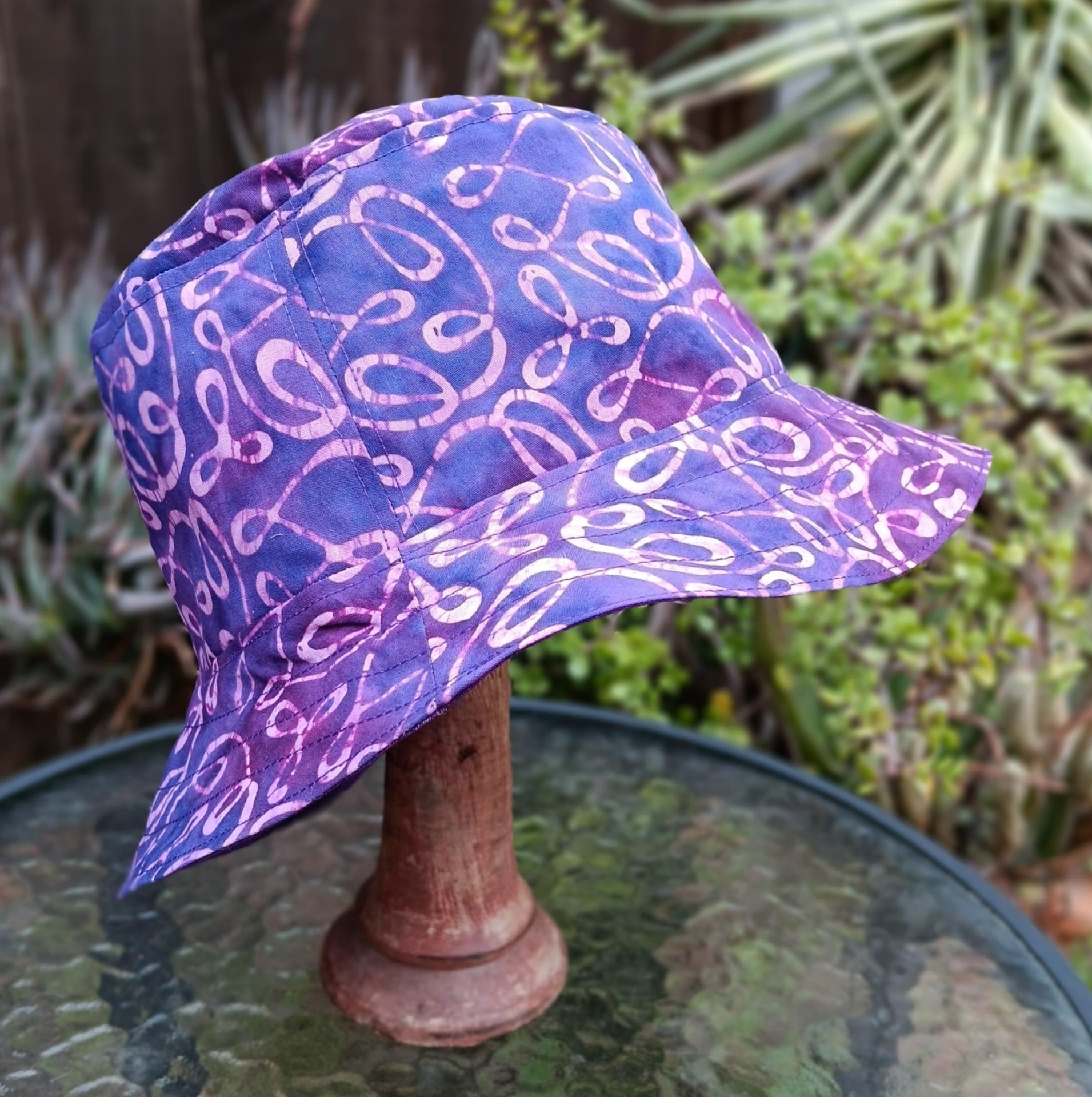 Purple Batik Bucket Hat, Reversible, Medium and Large, summer hat, fishing hat, sun hat, floppy hat
