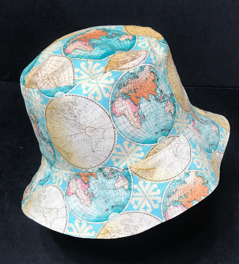 Map Theme Bucket Hat, Reversible, World Travel, Geography, Tourist Hat, Cruise Hat, Traveler Gift, Cartography, ponytail hat, up to 4XL
