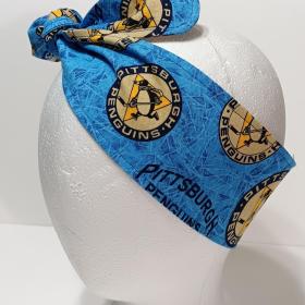 Pittsburgh Penguins throwback headband, handmade, blue, 3” wide, self tie, hair tie, pin up style, scarf, bandana