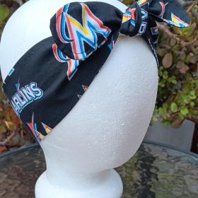 3” wide Miami Marlins self tie fabric headband, handmade, multicolor rainbow M logo, hair tie, hair wrap, pin up style, scarf