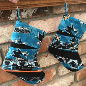 San Jose Sharks Christmas Stocking, Handmade, Small 9" Quilted SJ Sharks Christmas Stocking, hockey, Sharks Christmas decoration, Sharks gift idea