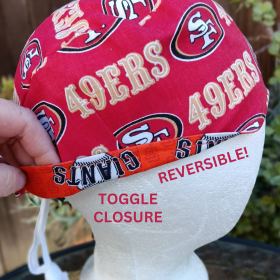 Toggle Cord Lock Reversible SF 49ers & Giants scrub cap, handmade, adjustable, for nurse, dentist, technician, food service